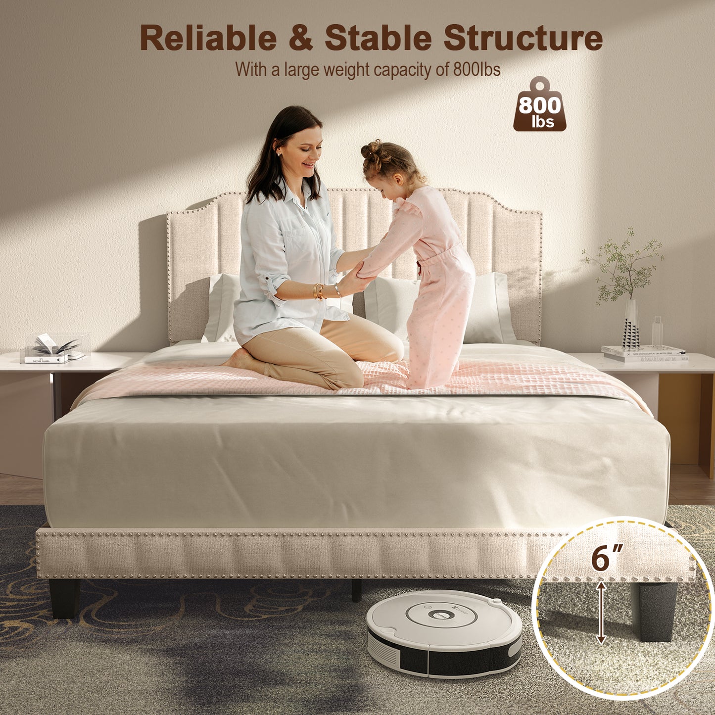 Premium Upholstered Bed Frame with Rivet Headboard - Queen Size