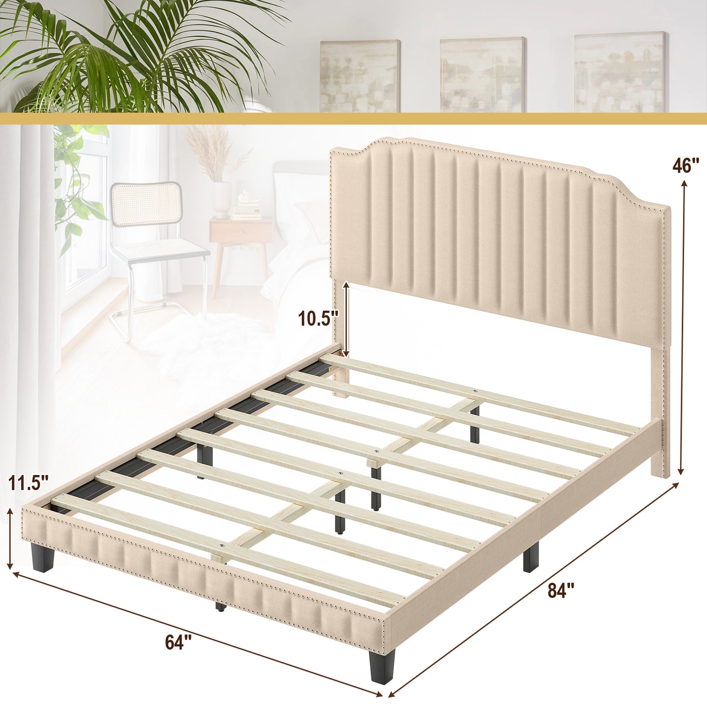 Premium Upholstered Bed Frame with Rivet Headboard - Queen Size