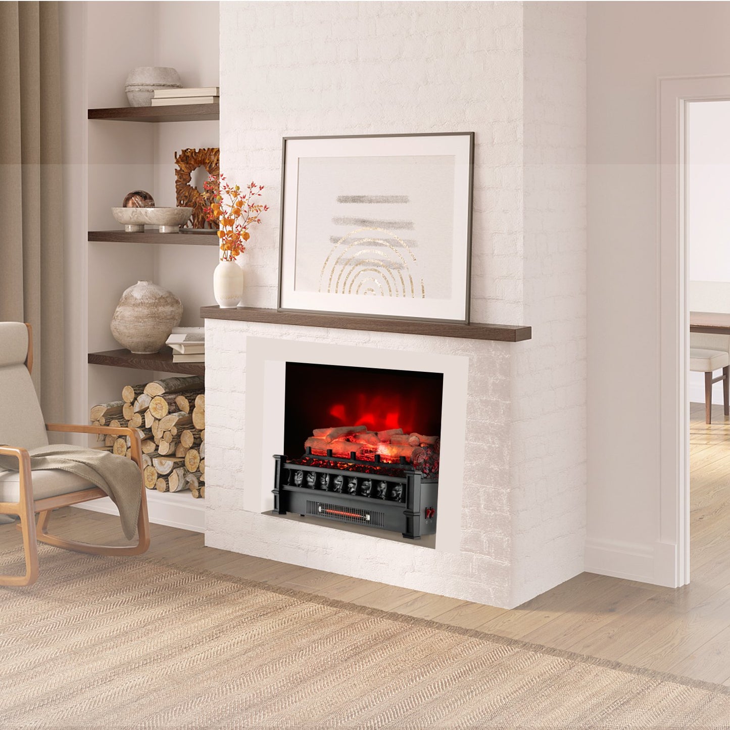 20" Electric Fireplace Heater with Realistic Birchwood & Pinewood Ember Bed