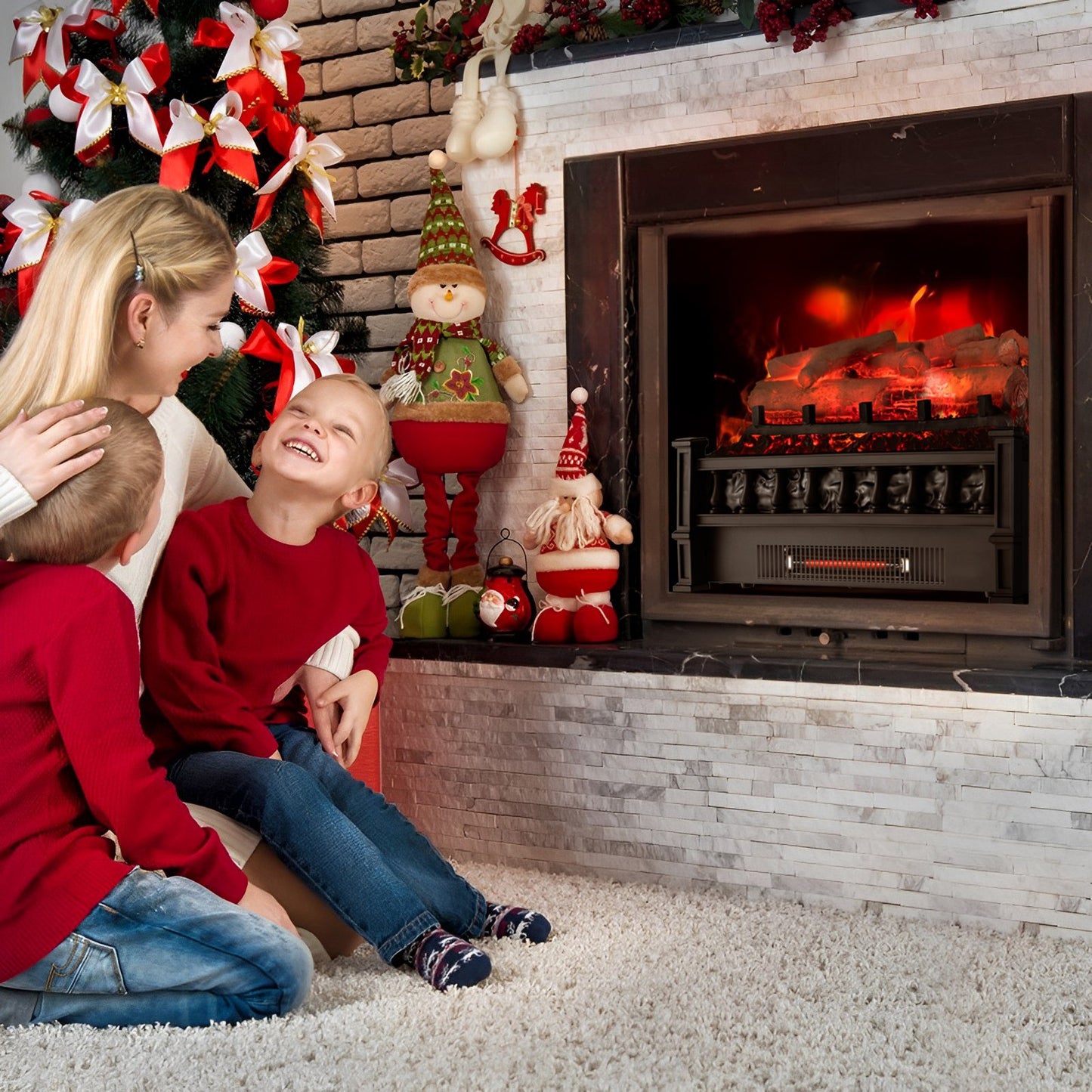 20" Electric Fireplace Heater with Realistic Birchwood & Pinewood Ember Bed