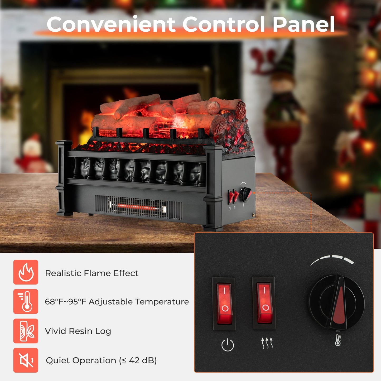 20" Electric Fireplace Heater with Realistic Birchwood & Pinewood Ember Bed