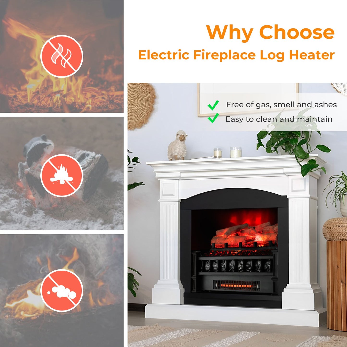 20" Electric Fireplace Heater with Realistic Birchwood & Pinewood Ember Bed