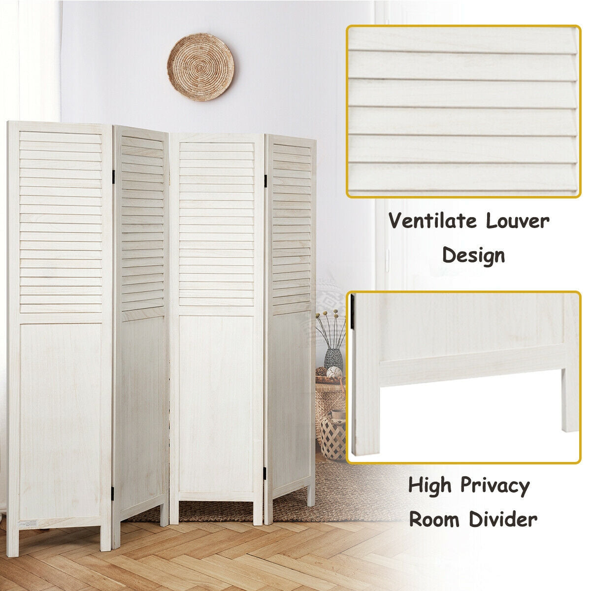 5.6 Ft Tall 4 Panel Folding Privacy Divider - White
