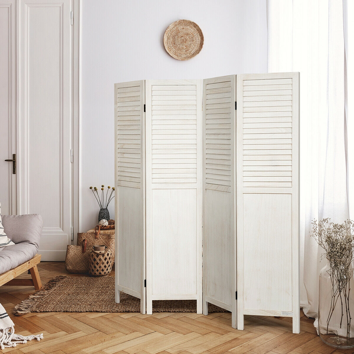 5.6 Ft Tall 4 Panel Folding Privacy Divider - White