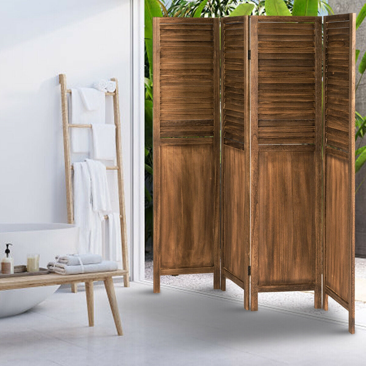 5.6 Ft Tall 4 Panel Folding Privacy Divider - Brown