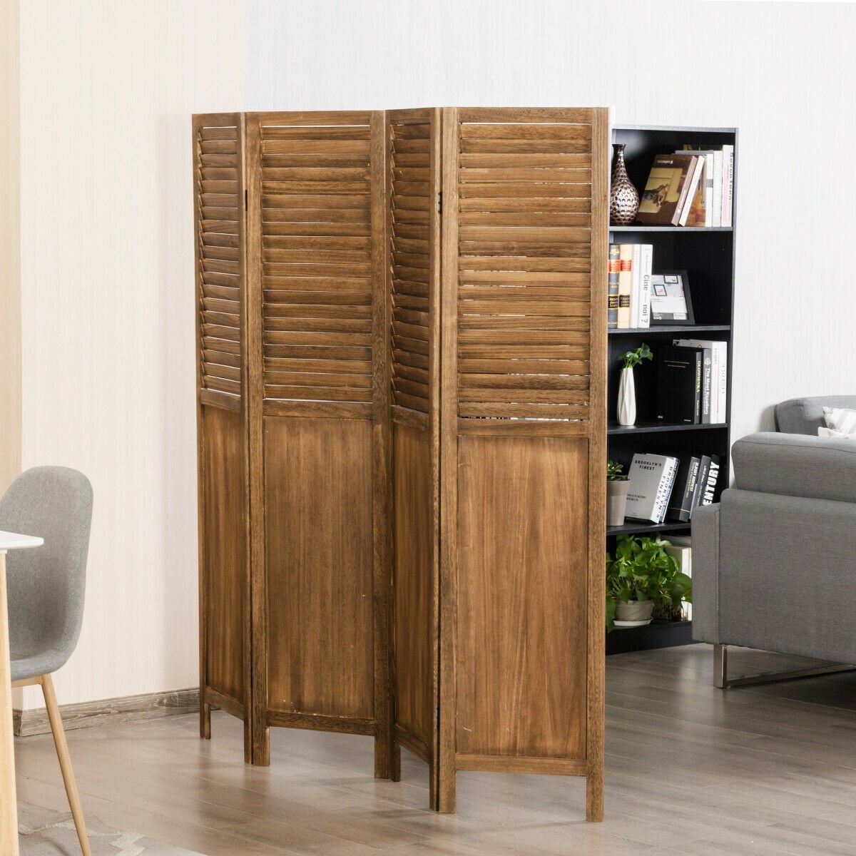 5.6 Ft Tall 4 Panel Folding Privacy Divider - Brown