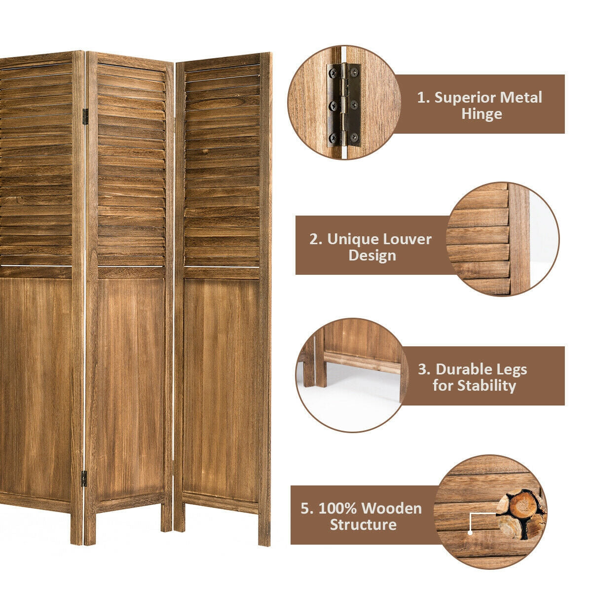 5.6 Ft Tall 4 Panel Folding Privacy Divider - Brown