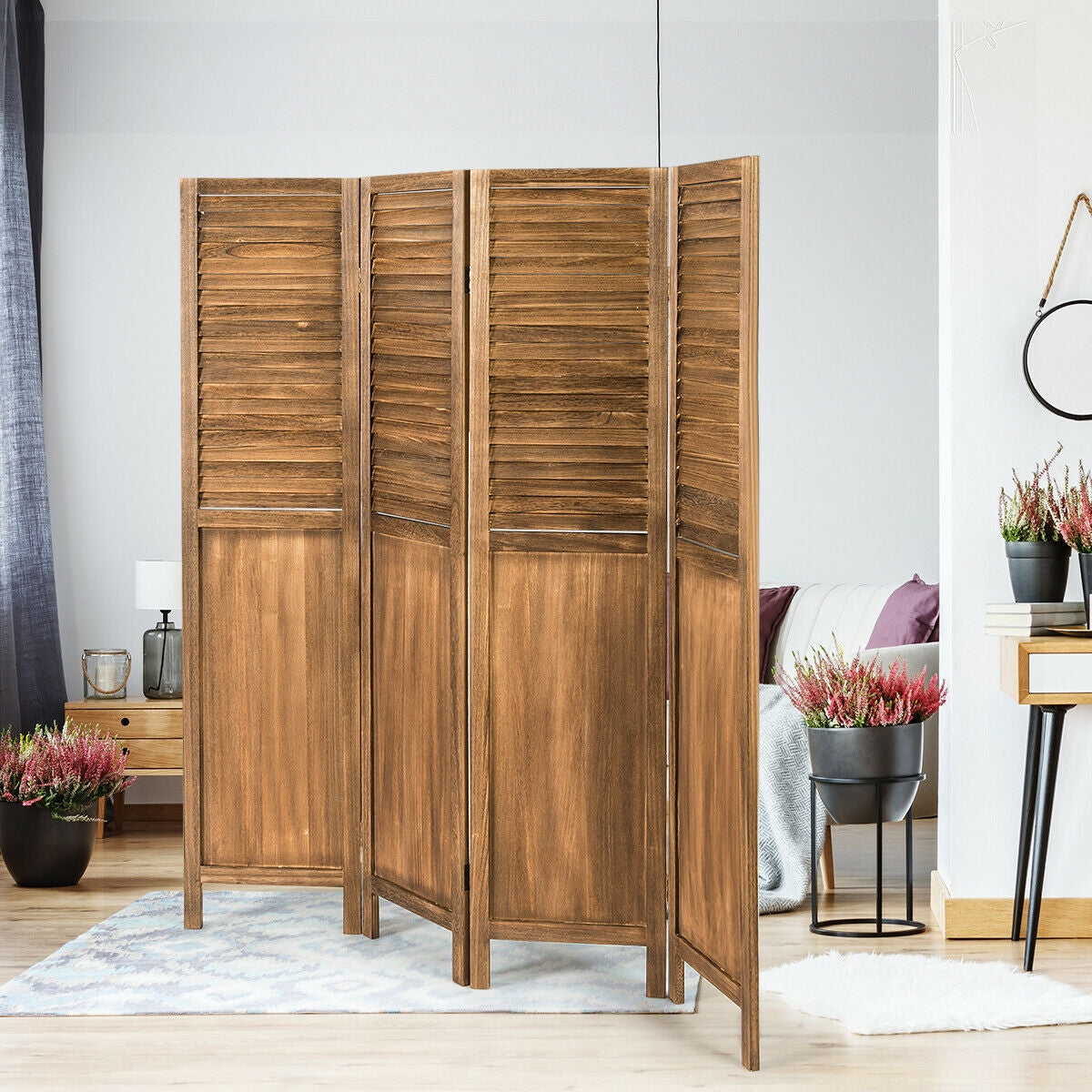 5.6 Ft Tall 4 Panel Folding Privacy Divider - Brown