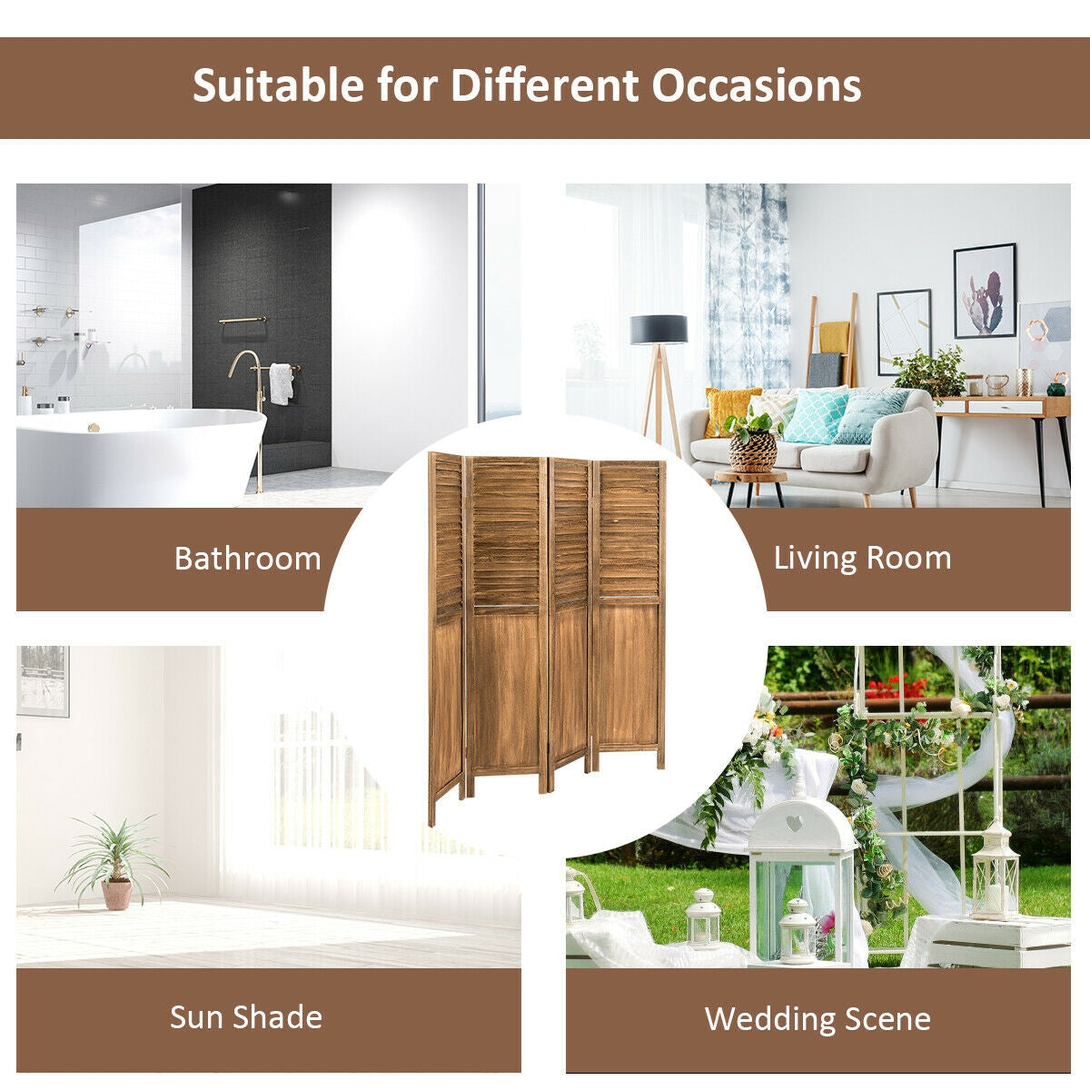 5.6 Ft Tall 4 Panel Folding Privacy Divider - Brown