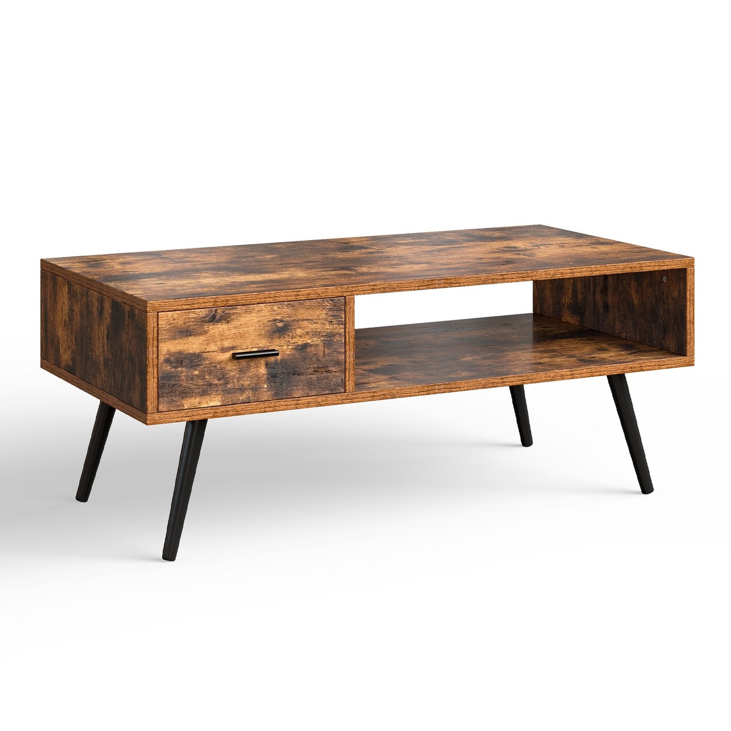 Mid-Century Modern Rectangular Coffee Table with Storage Drawer and Open Shelf
