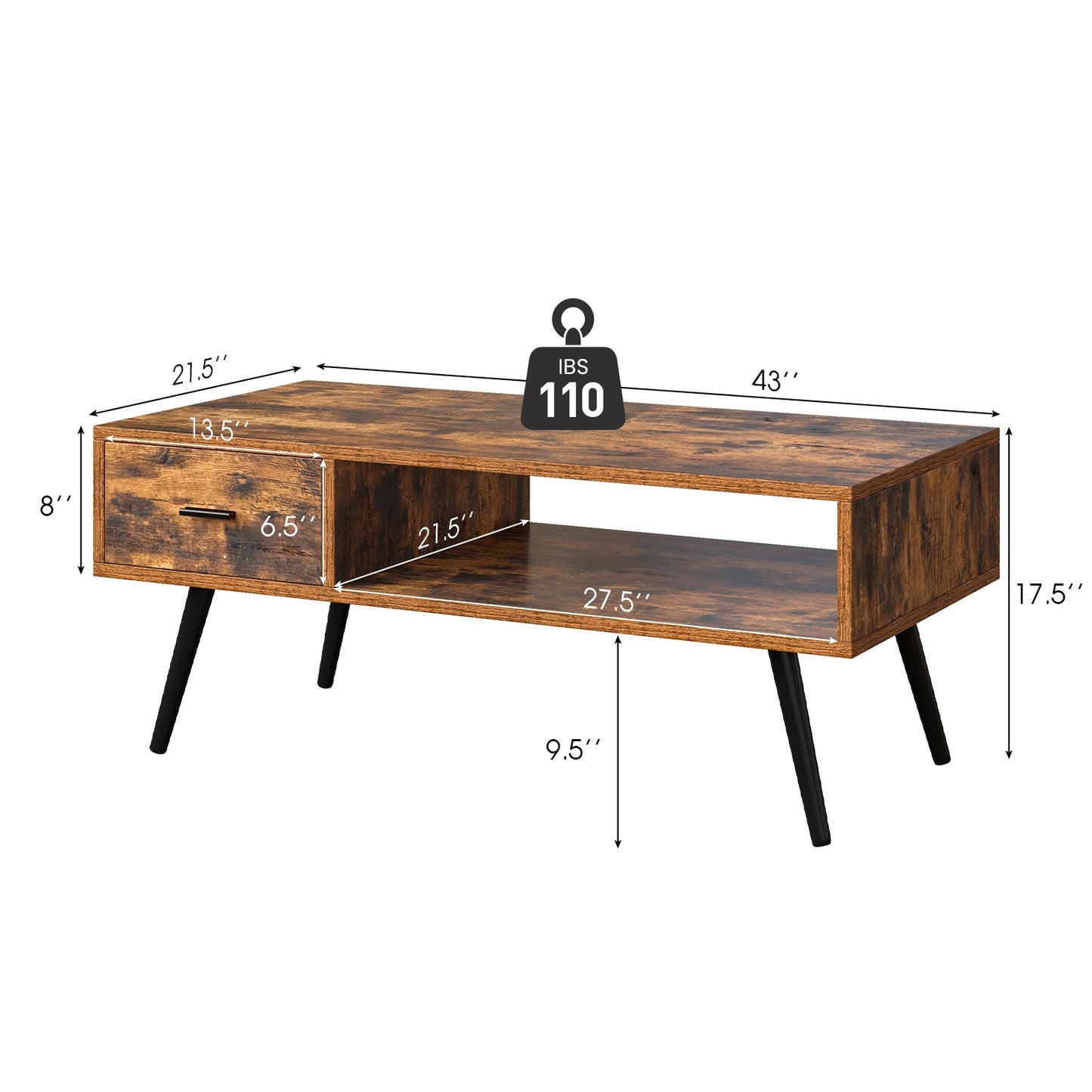 Mid-Century Modern Rectangular Coffee Table with Storage Drawer and Open Shelf