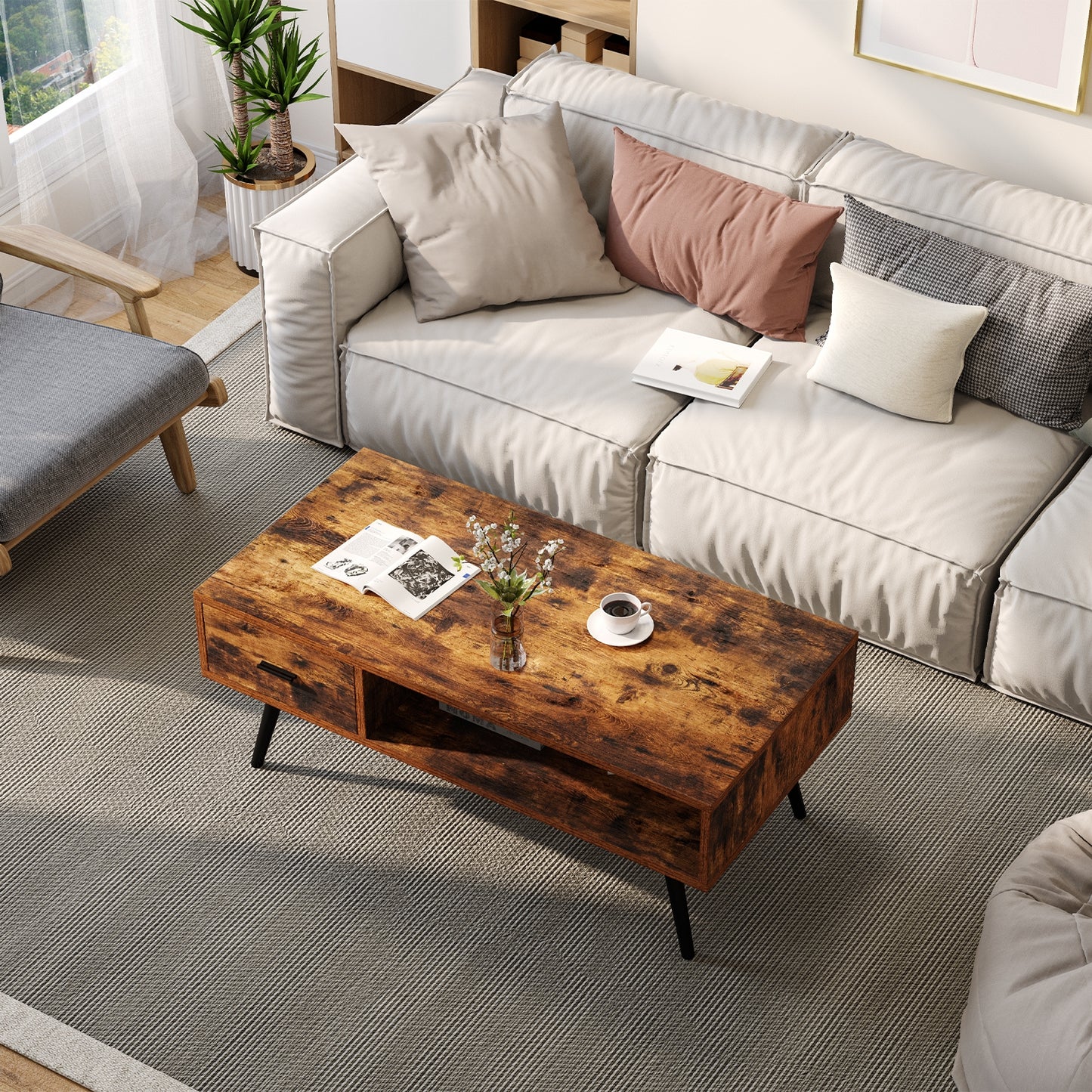 Mid-Century Modern Rectangular Coffee Table with Storage Drawer and Open Shelf