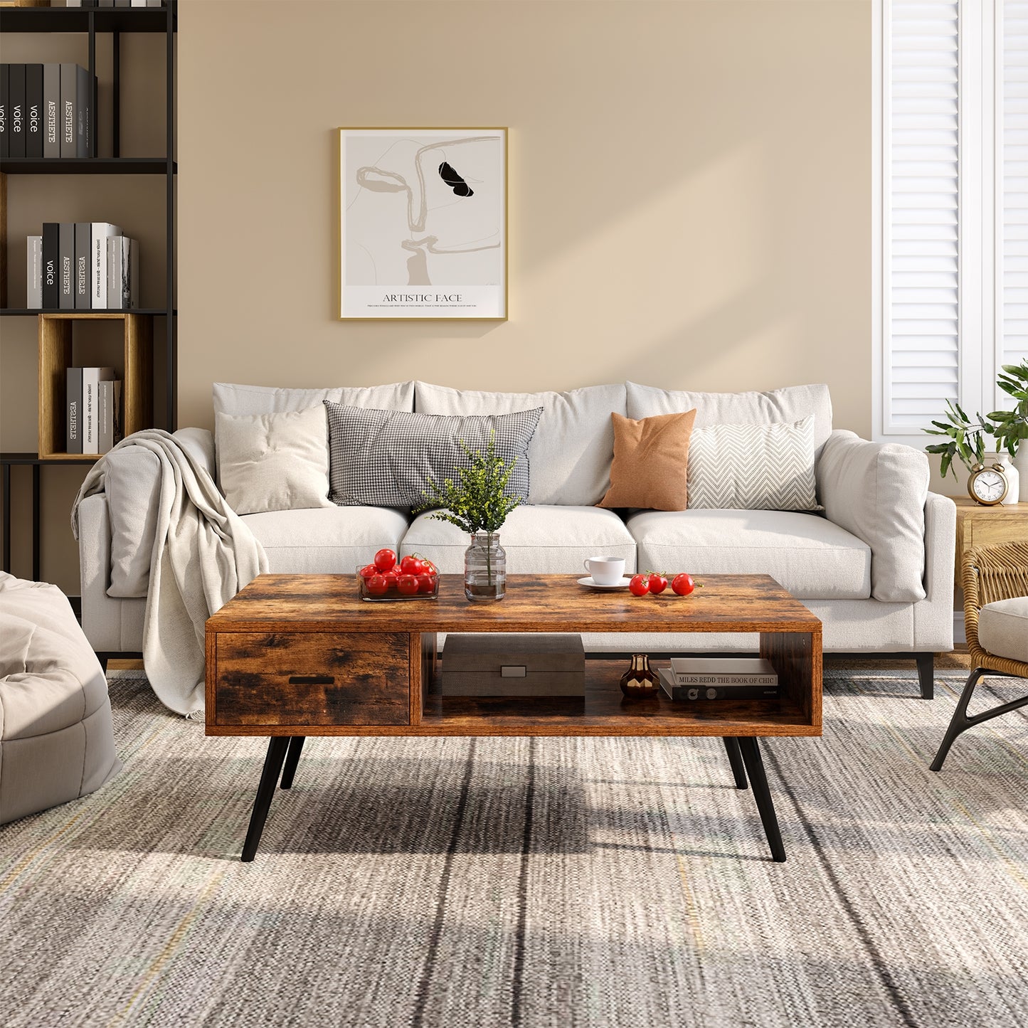Mid-Century Modern Rectangular Coffee Table with Storage Drawer and Open Shelf