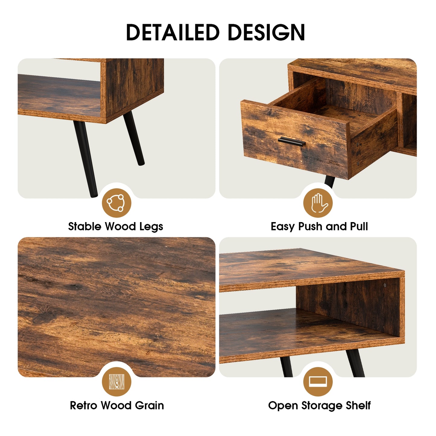 Mid-Century Modern Rectangular Coffee Table with Storage Drawer and Open Shelf