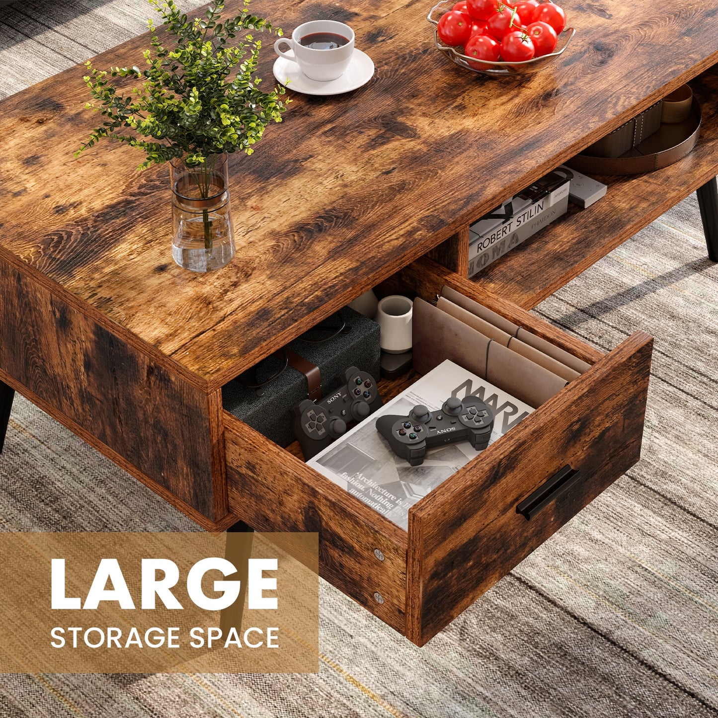 Mid-Century Modern Rectangular Coffee Table with Storage Drawer and Open Shelf