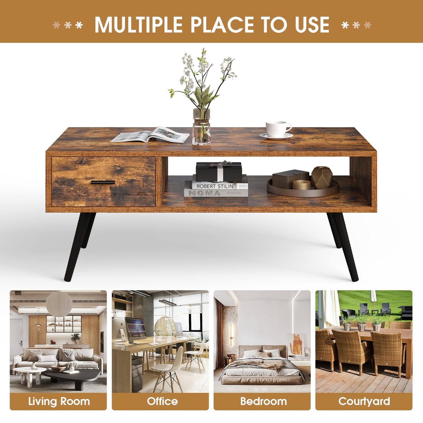 Mid-Century Modern Rectangular Coffee Table with Storage Drawer and Open Shelf