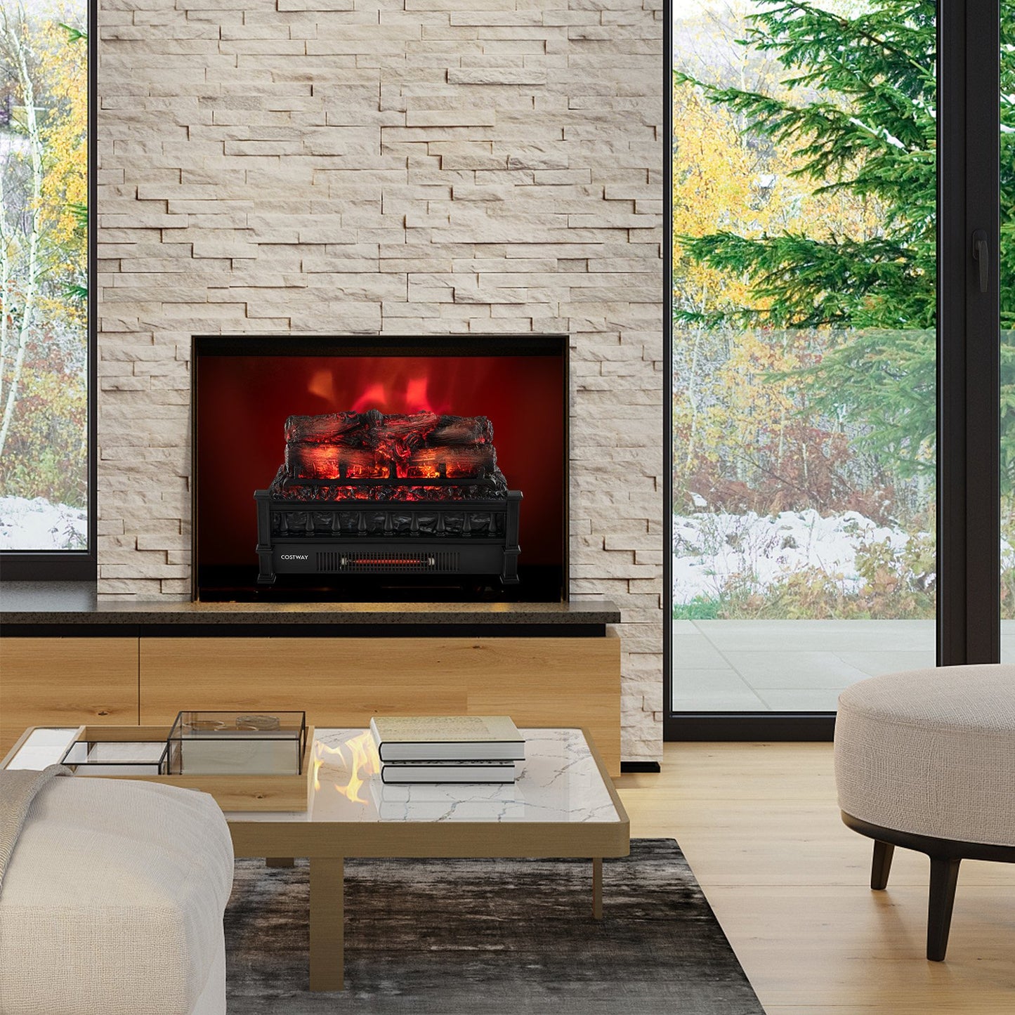 20" Electric Fireplace Heater with Realistic Birchwood & Pinewood Ember Bed