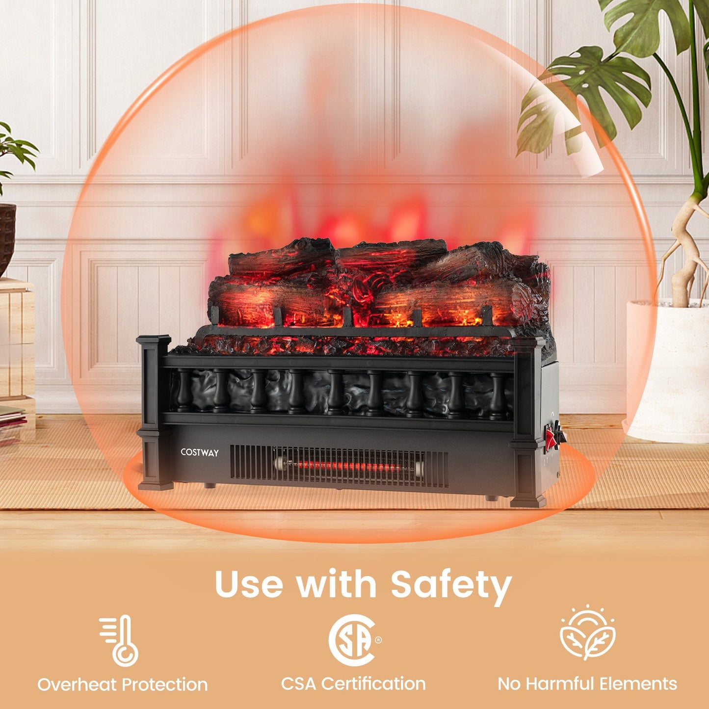 20" Electric Fireplace Heater with Realistic Birchwood & Pinewood Ember Bed
