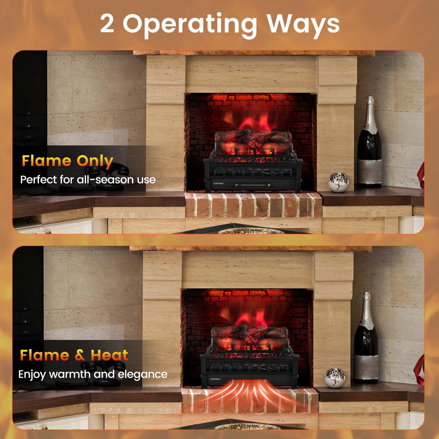 20" Electric Fireplace Heater with Realistic Birchwood & Pinewood Ember Bed