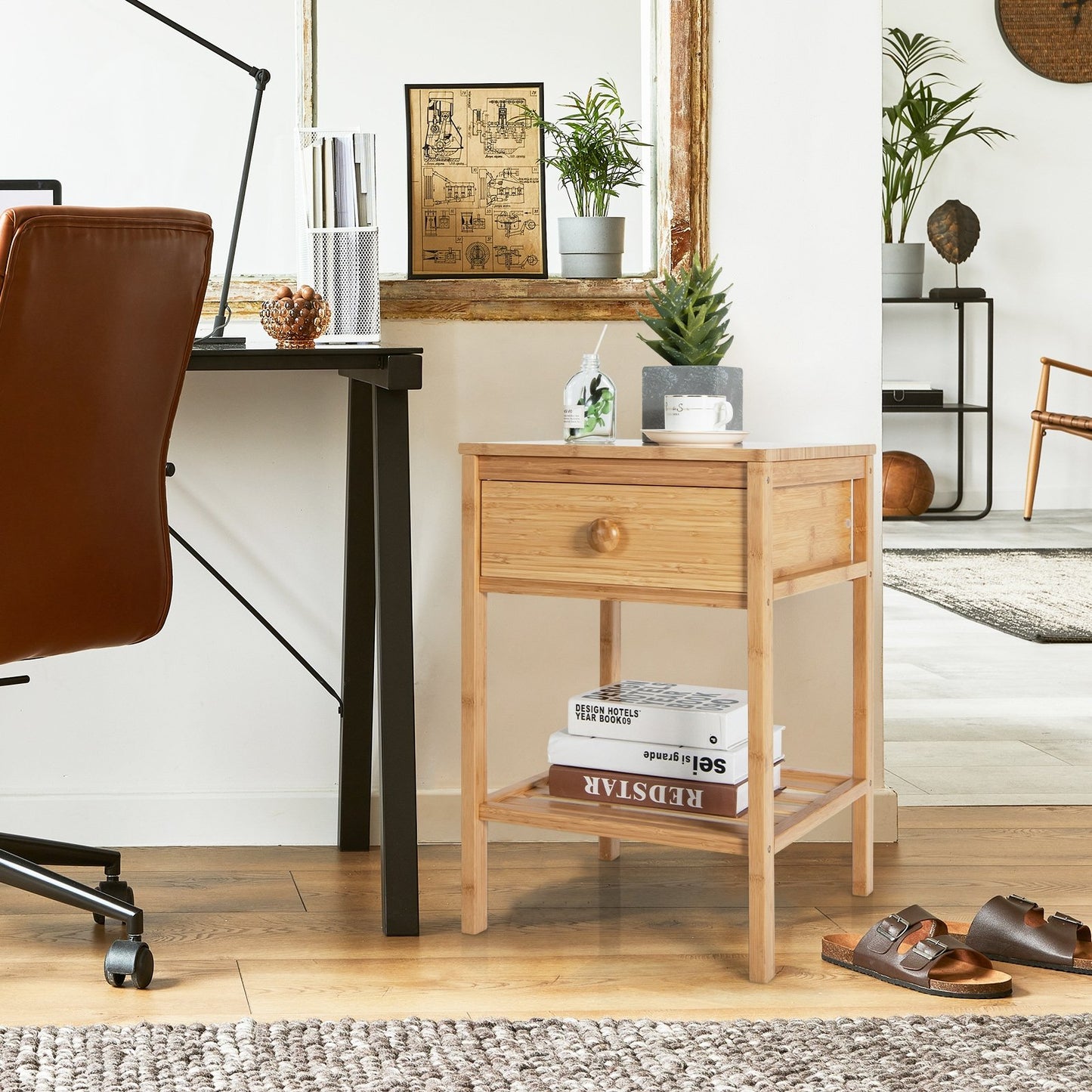 Natural Bamboo Nightstand with Drawer and Open Storage Shelf for Bedroom or Living Room