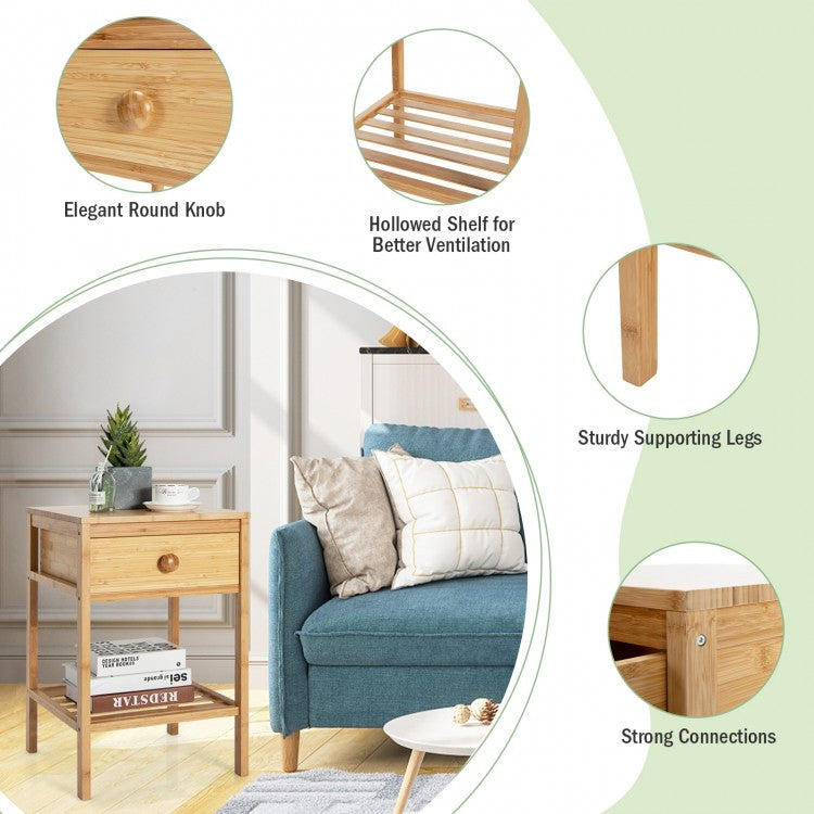 Natural Bamboo Nightstand with Drawer and Open Storage Shelf for Bedroom or Living Room
