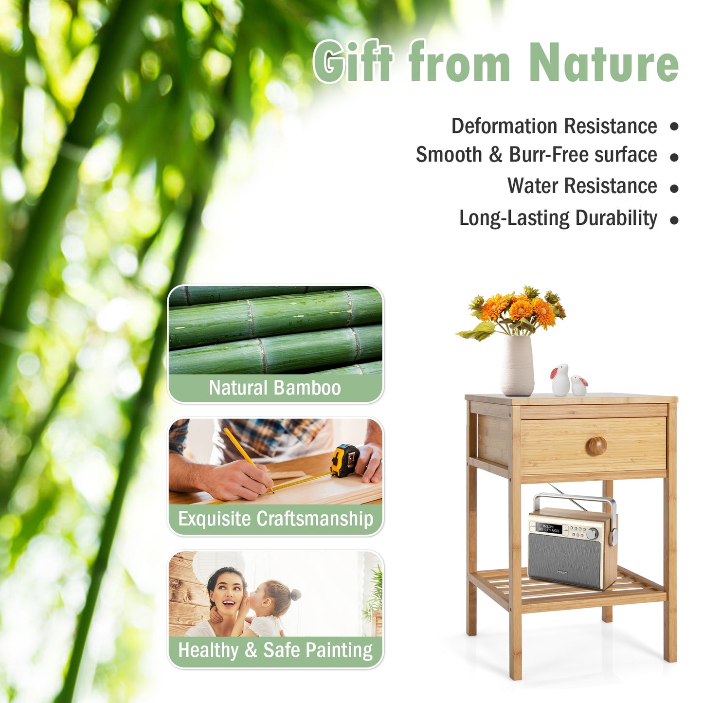 Natural Bamboo Nightstand with Drawer and Open Storage Shelf for Bedroom or Living Room