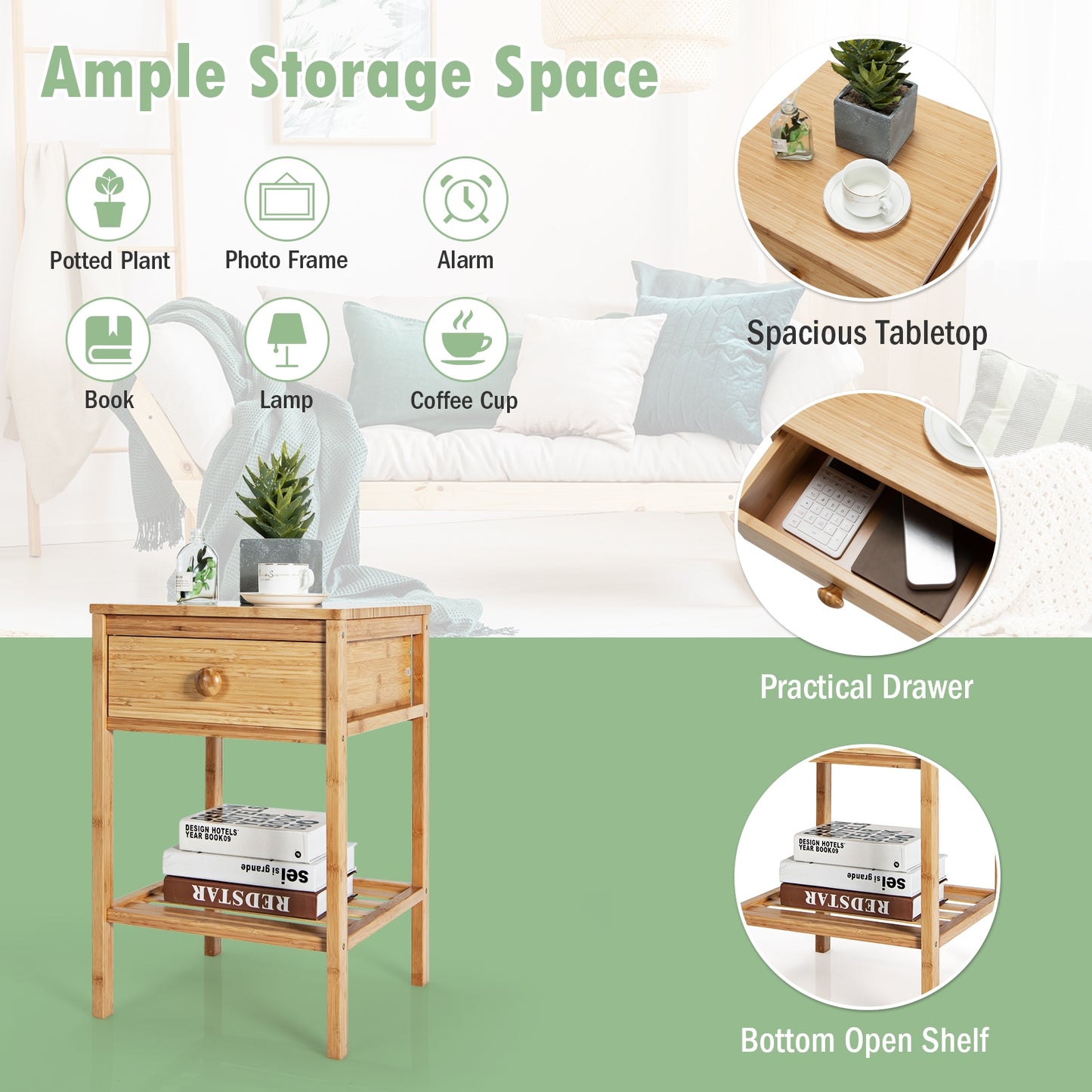 Natural Bamboo Nightstand with Drawer and Open Storage Shelf for Bedroom or Living Room