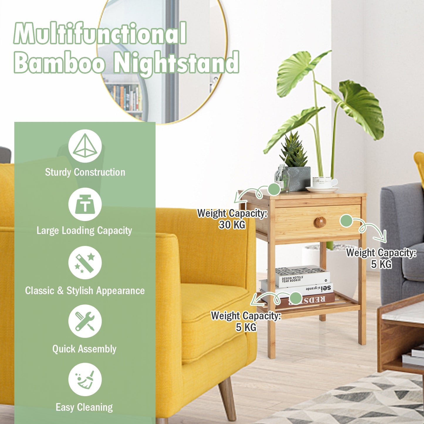 Natural Bamboo Nightstand with Drawer and Open Storage Shelf for Bedroom or Living Room