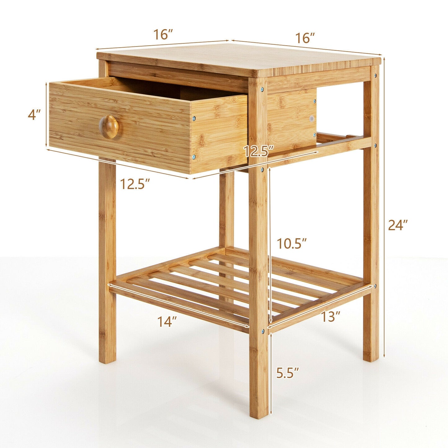 Natural Bamboo Nightstand with Drawer and Open Storage Shelf for Bedroom or Living Room