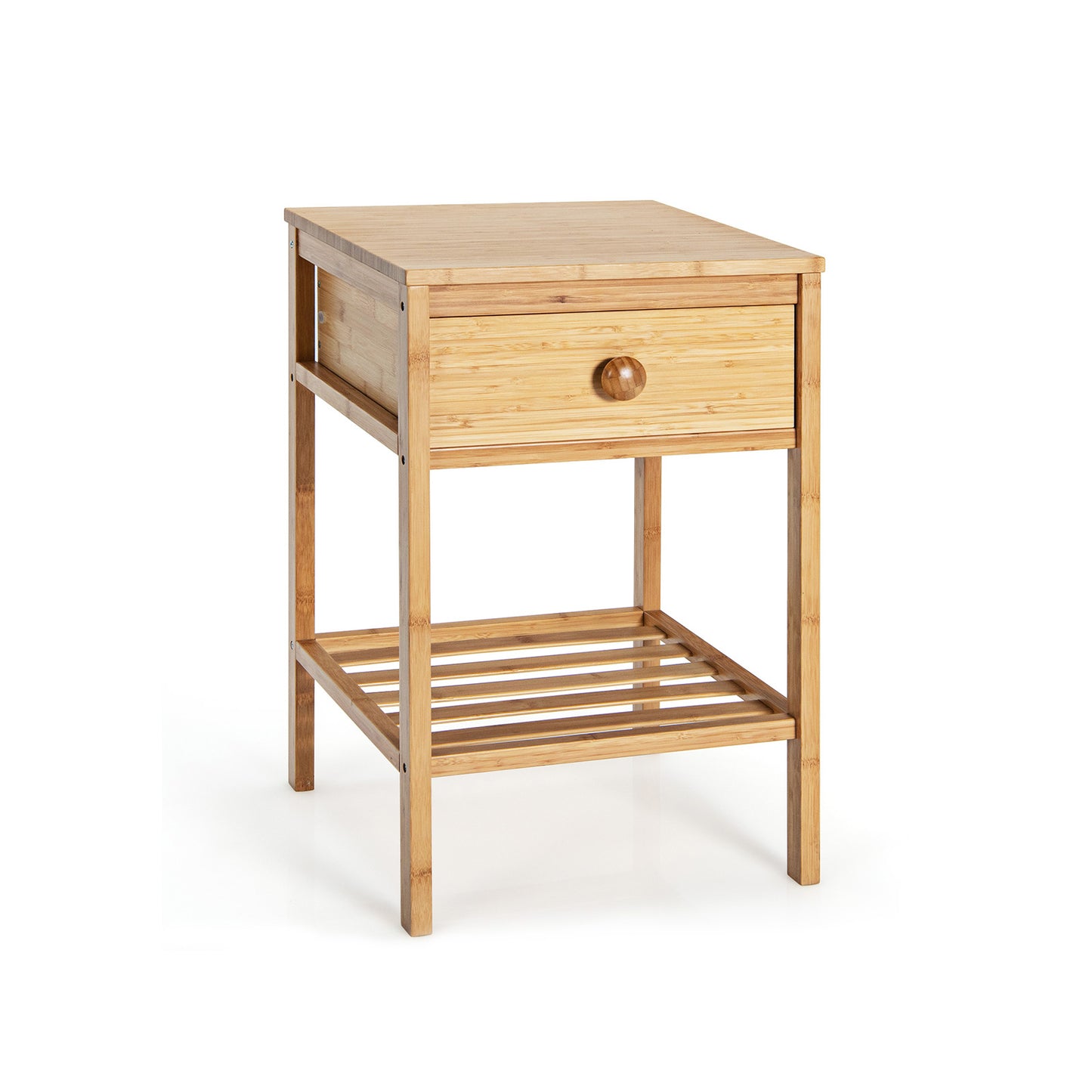 Natural Bamboo Nightstand with Drawer and Open Storage Shelf for Bedroom or Living Room