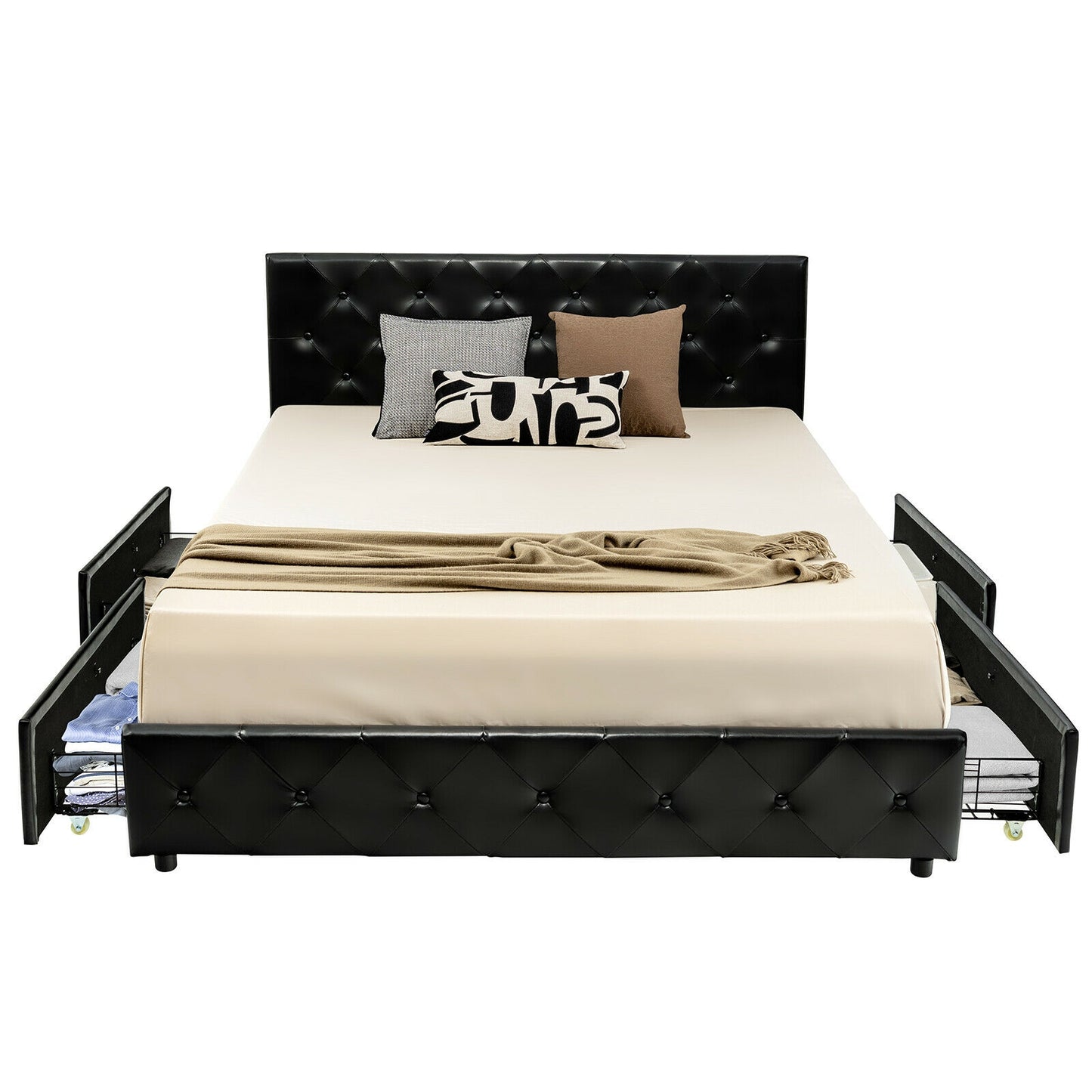 Luxury PU Leather Upholstered Platform Bed with 4 Storage Drawers - Queen Size