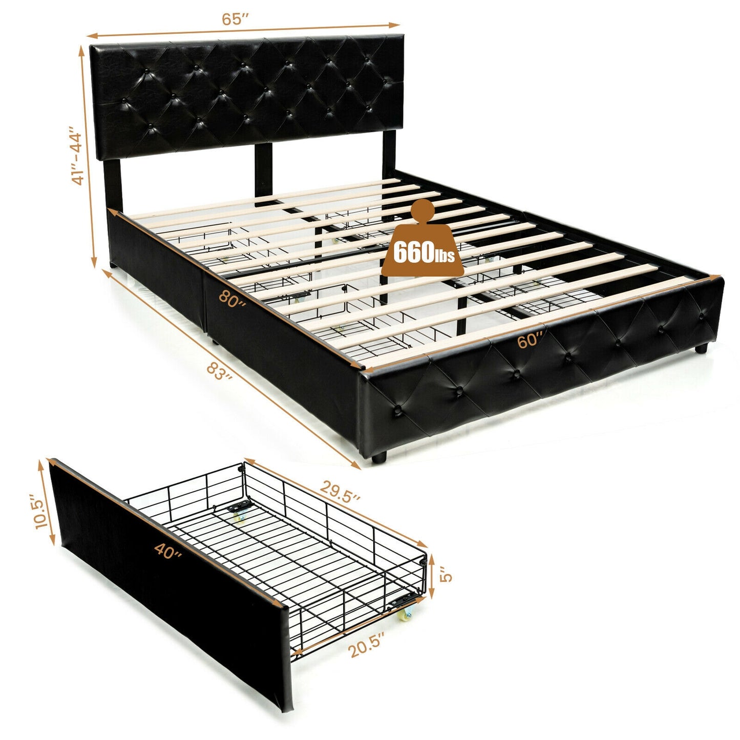 Luxury PU Leather Upholstered Platform Bed with 4 Storage Drawers - Queen Size
