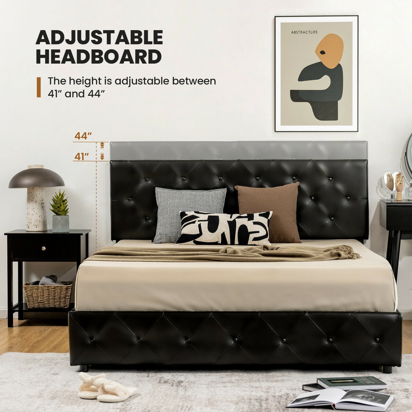 Luxury PU Leather Upholstered Platform Bed with 4 Storage Drawers - Queen Size