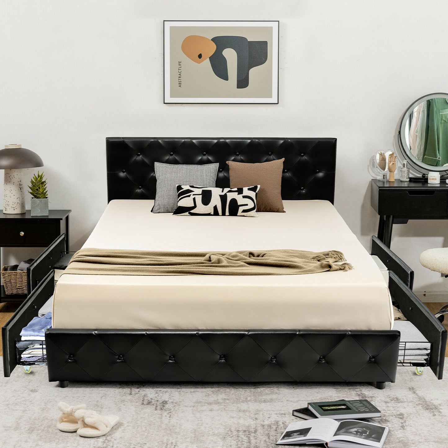 Luxury PU Leather Upholstered Platform Bed with 4 Storage Drawers - Queen Size