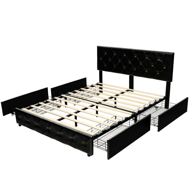 Luxury PU Leather Upholstered Platform Bed with 4 Storage Drawers - Queen Size