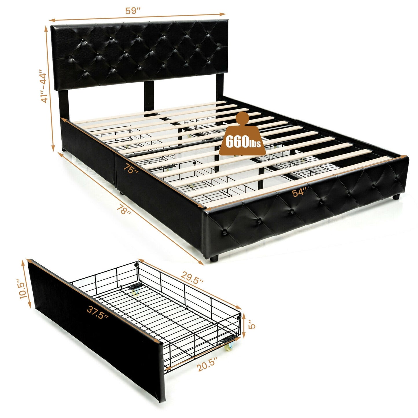 Luxury PU Leather Upholstered Platform Bed with 4 Storage Drawers - Full Size
