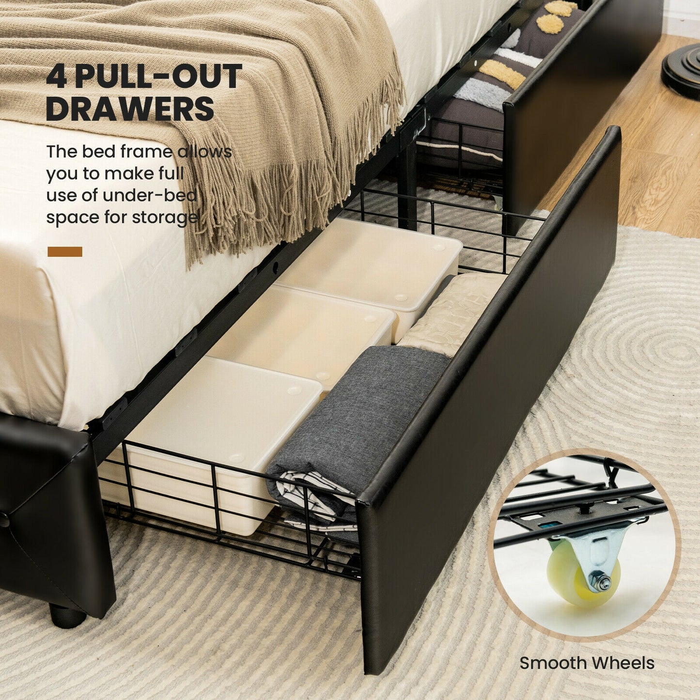 Luxury PU Leather Upholstered Platform Bed with 4 Storage Drawers - Full Size