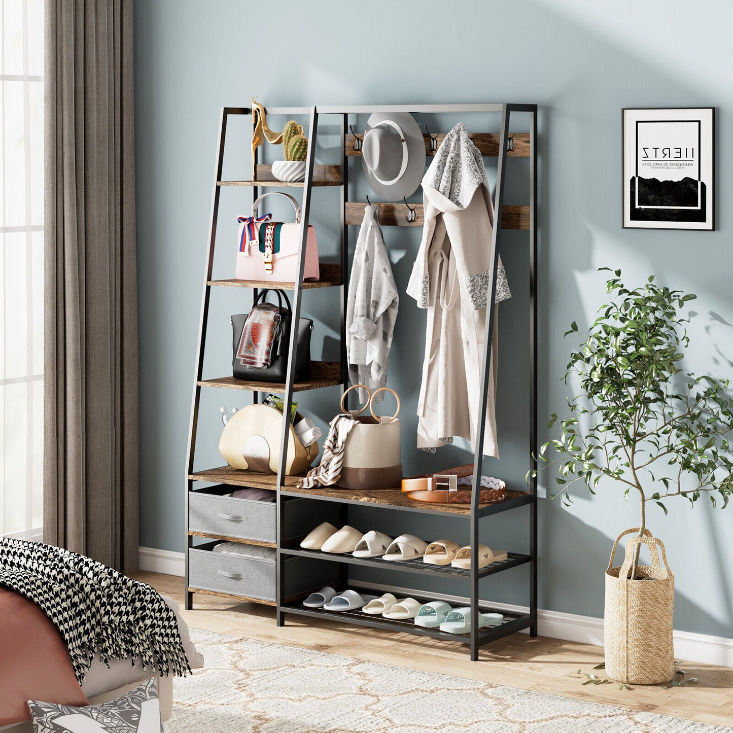 6-in-1 Freestanding Hall Tree Coat Rack with Bench, Fabric Storage Bins, Shelves – Rustic Brown Entryway & Bedroom Organizer
