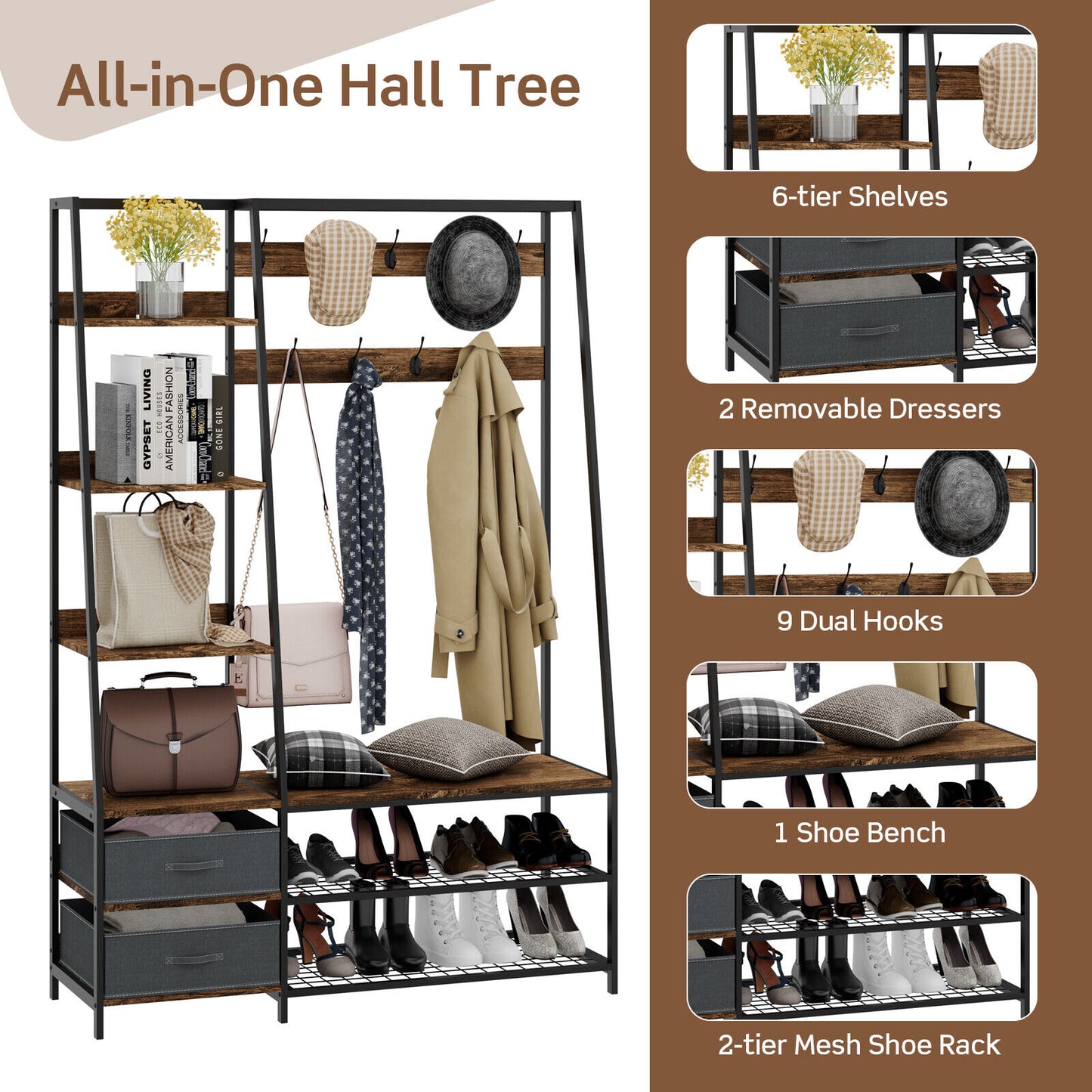 6-in-1 Freestanding Hall Tree Coat Rack with Bench, Fabric Storage Bins, Shelves – Rustic Brown Entryway & Bedroom Organizer