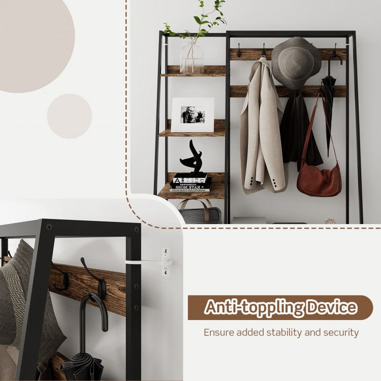 6-in-1 Freestanding Hall Tree Coat Rack with Bench, Fabric Storage Bins, Shelves – Rustic Brown Entryway & Bedroom Organizer