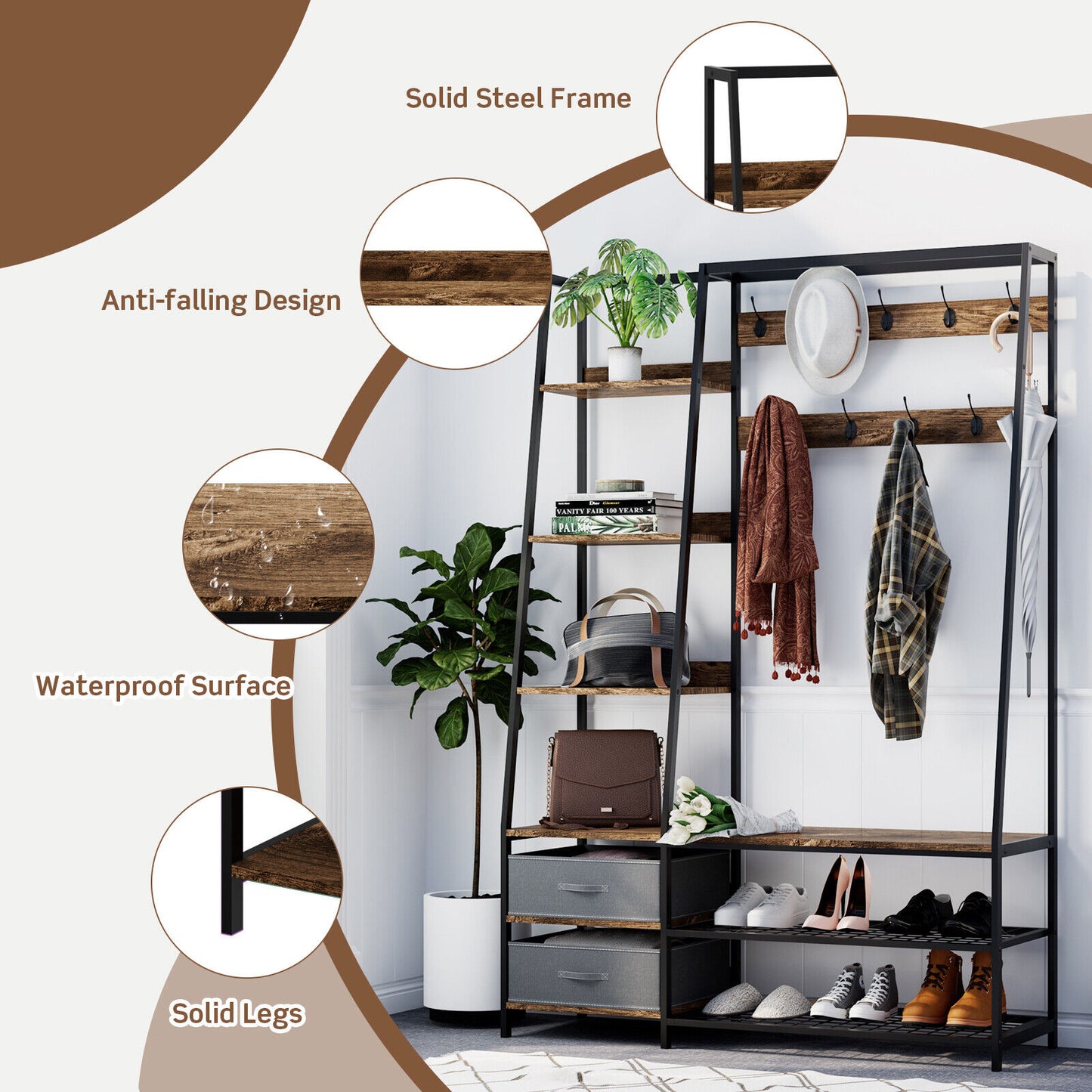 6-in-1 Freestanding Hall Tree Coat Rack with Bench, Fabric Storage Bins, Shelves – Rustic Brown Entryway & Bedroom Organizer