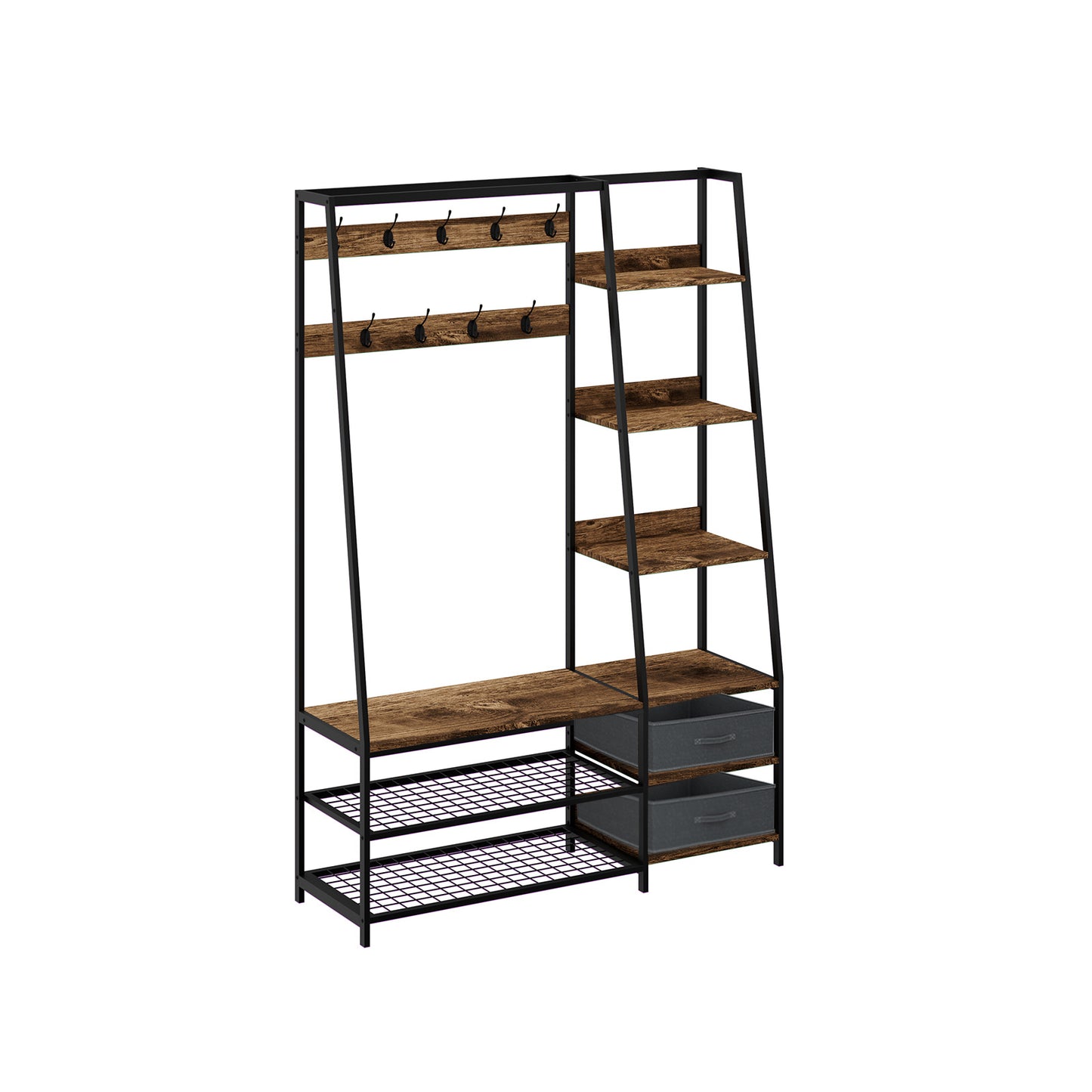 6-in-1 Freestanding Hall Tree Coat Rack with Bench, Fabric Storage Bins, Shelves – Rustic Brown Entryway & Bedroom Organizer