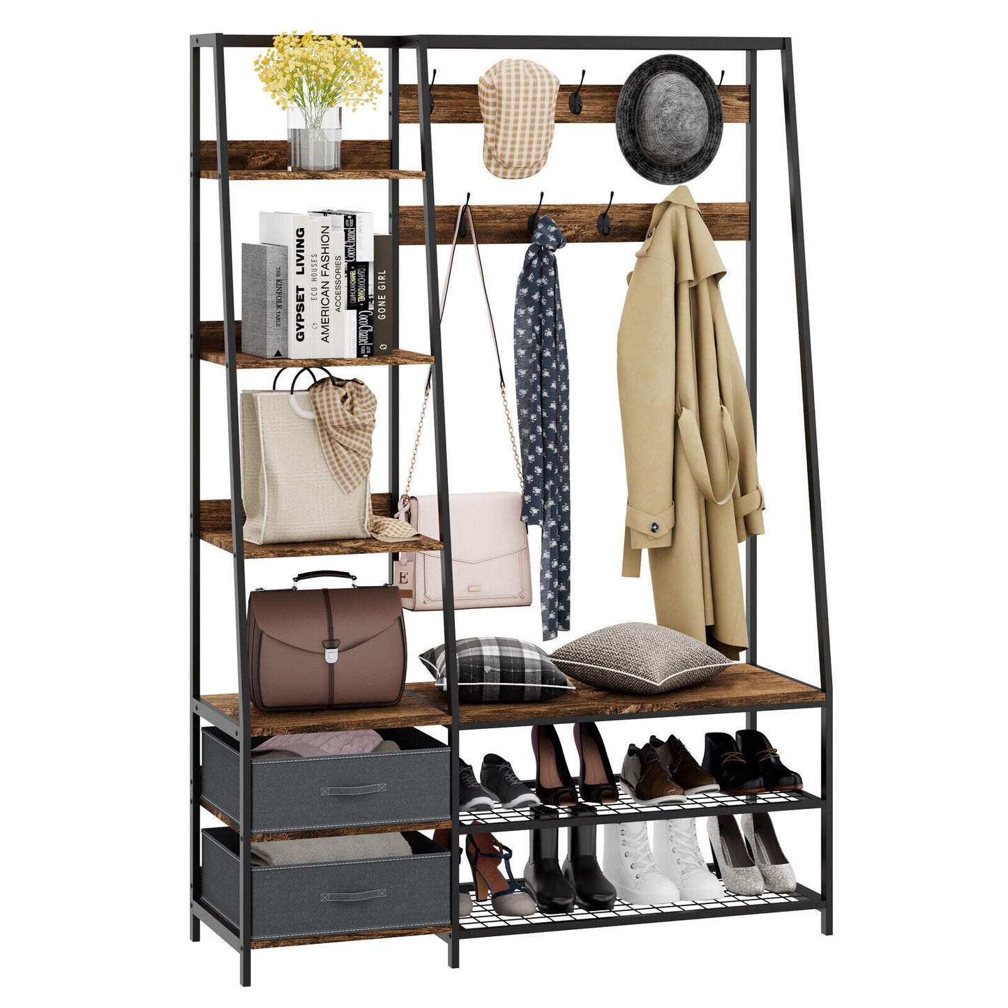 6-in-1 Freestanding Hall Tree Coat Rack with Bench, Fabric Storage Bins, Shelves – Rustic Brown Entryway & Bedroom Organizer