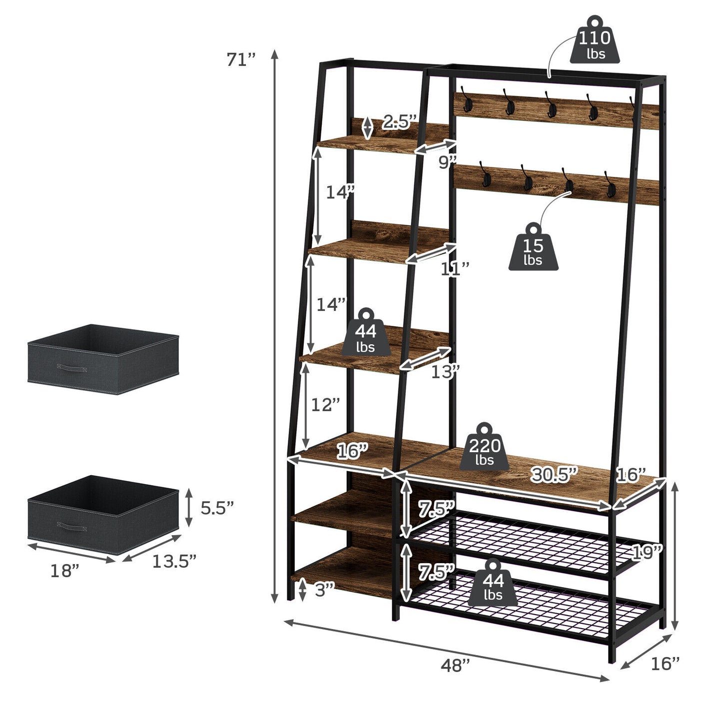 6-in-1 Freestanding Hall Tree Coat Rack with Bench, Fabric Storage Bins, Shelves – Rustic Brown Entryway & Bedroom Organizer