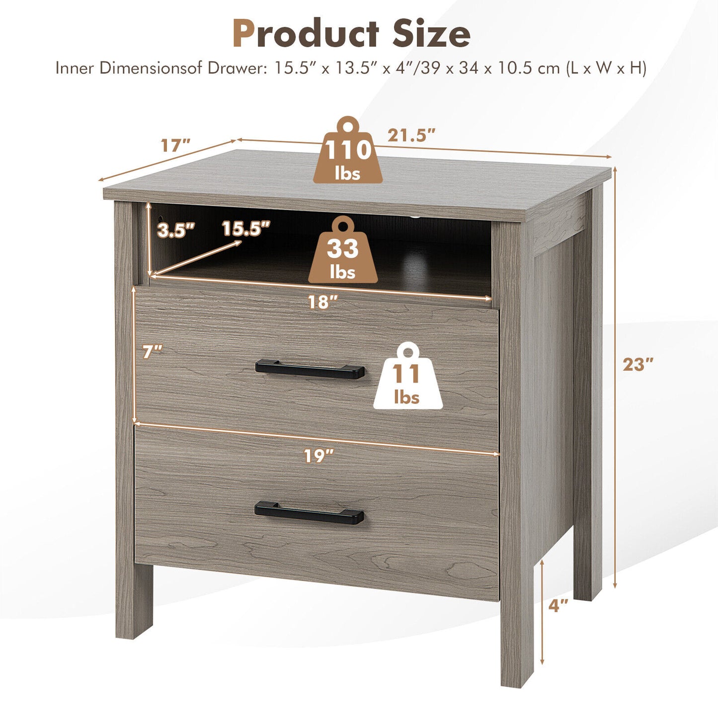 Multifunctional Side Table with 2 Drawers, Open Shelf, and Cable Organizer – Natural
