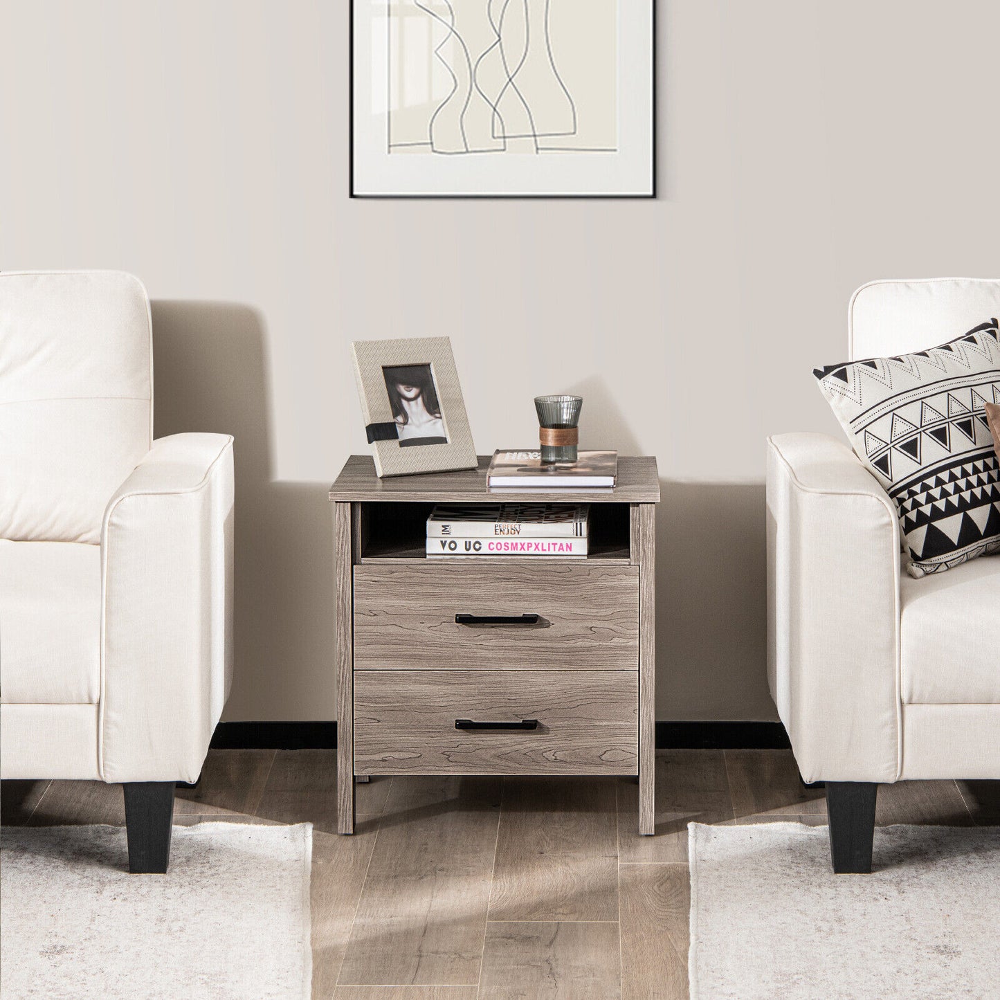 Multifunctional Side Table with 2 Drawers, Open Shelf, and Cable Organizer – Natural