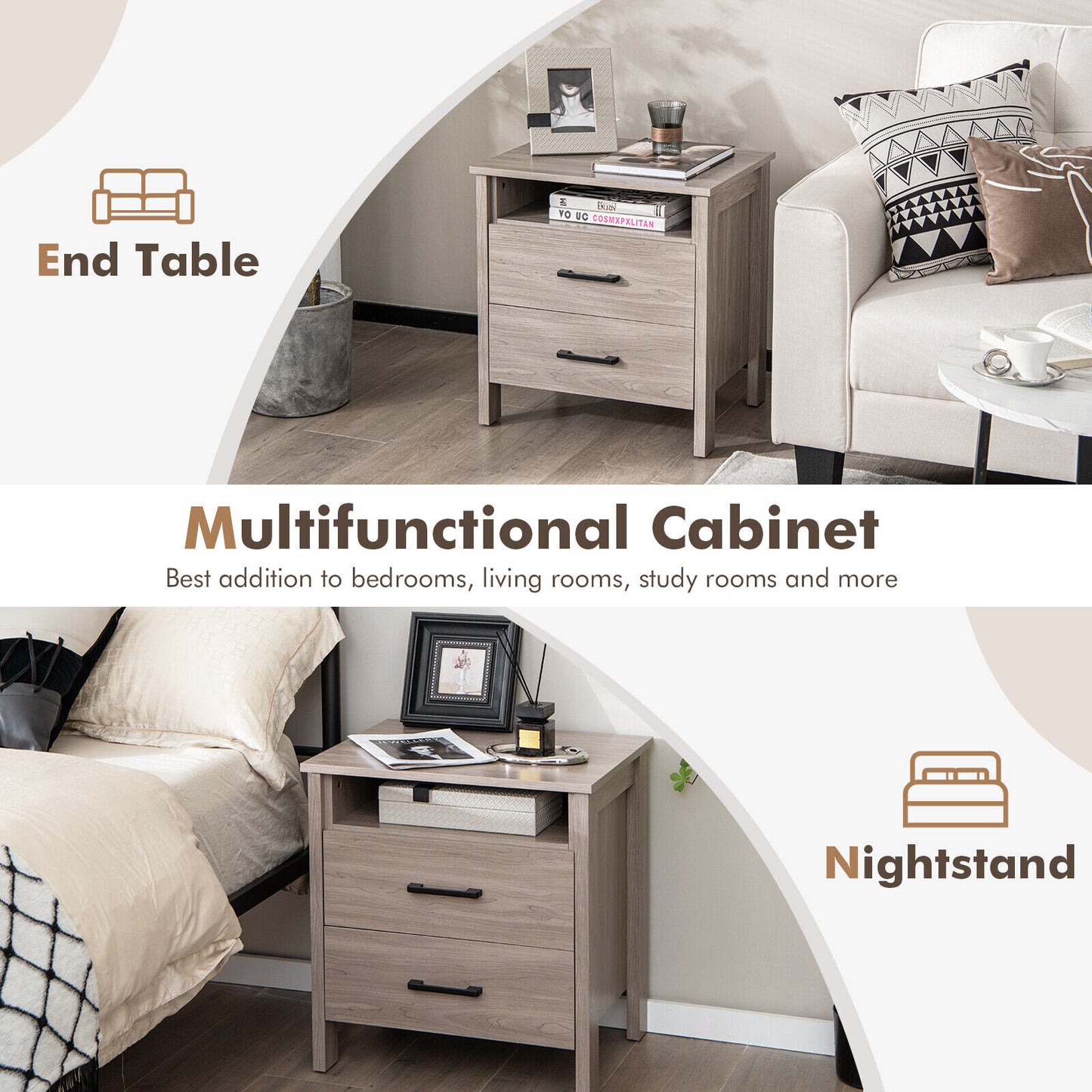 Multifunctional Side Table with 2 Drawers, Open Shelf, and Cable Organizer – Natural