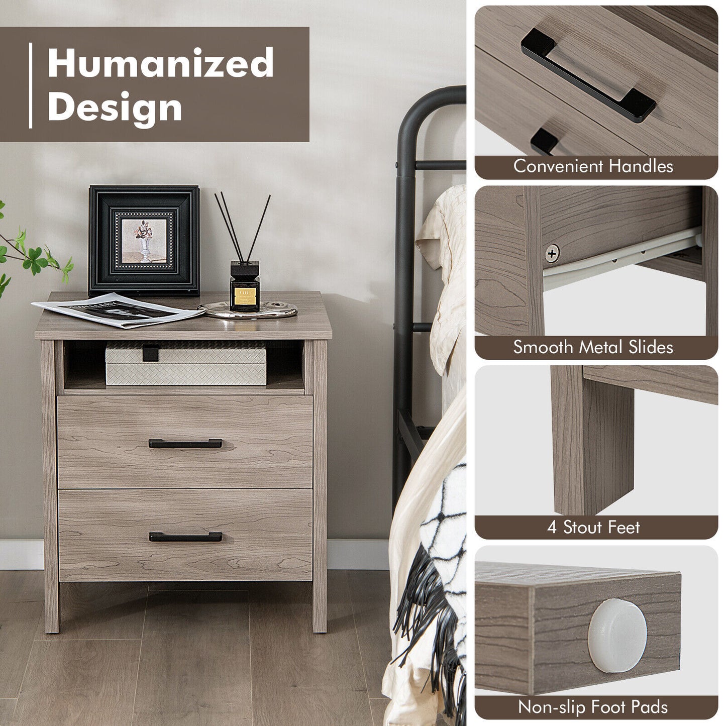 Multifunctional Side Table with 2 Drawers, Open Shelf, and Cable Organizer – Natural
