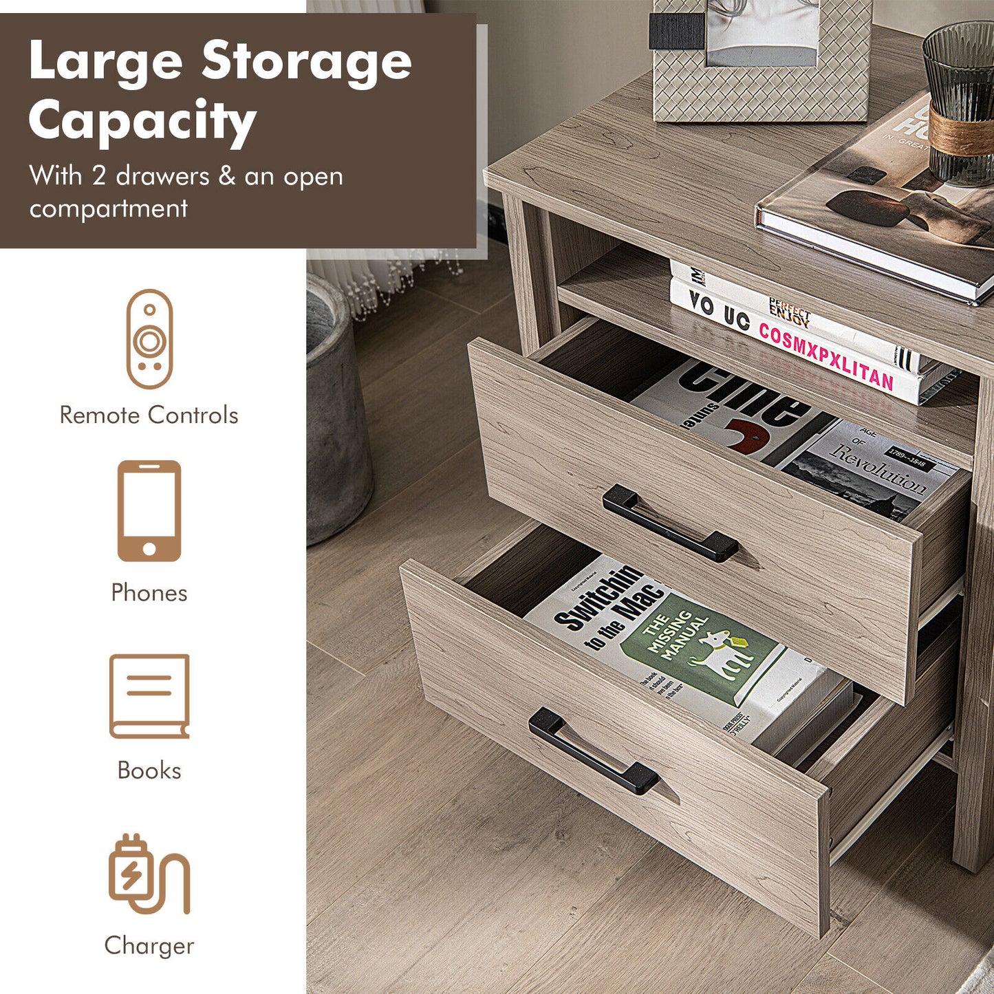 Multifunctional Side Table with 2 Drawers, Open Shelf, and Cable Organizer – Natural