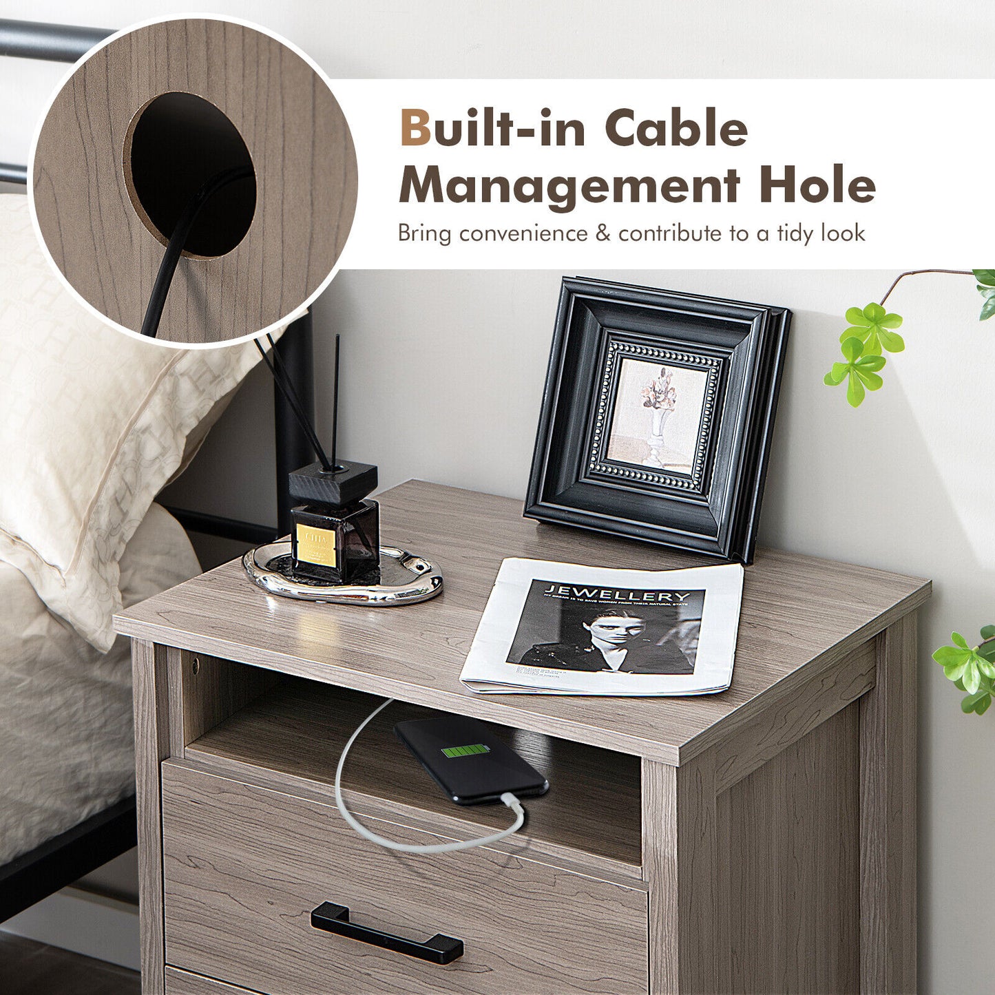 Multifunctional Side Table with 2 Drawers, Open Shelf, and Cable Organizer – Natural